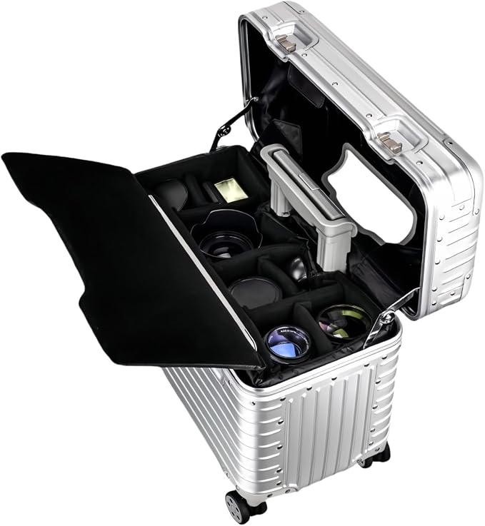 Full Aluminum Rolling Camera Bag 18" Camera Case | Wheeled Photography Gear Case, Carry-on Luggage, Dual TSA locks, Detachable Wheels & Dividers, Fits 17" laptop, DSLRs & Lens by PerlePath