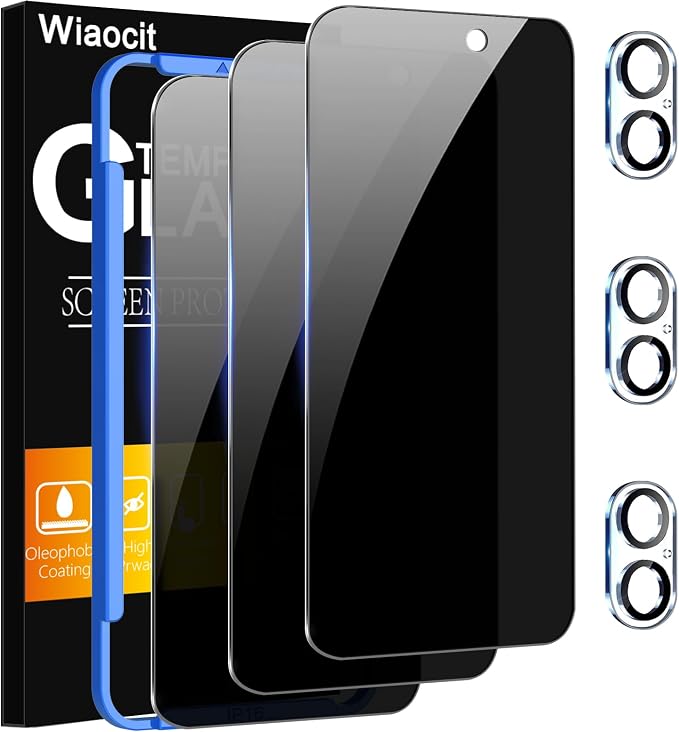Wiaocit Tempered Glass Privacy Screen Protector for iPhone 16 | 3+3 Pack, 9H Hardness, Camera Lens Protector, Installation Frame, Bubble Free, Case Friendly by Wiaocit