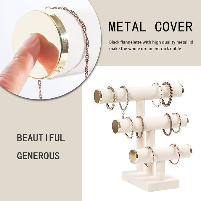 3 Tier Bracelet Holder,Bracelet Display Stand with Metal Cap,Beige White Velvet Jewelry Organizer Displays for Necklace Scrunchies Watches Hair Ties. - Image 4