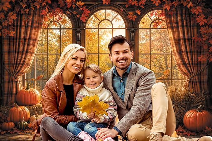 Autumn Fall Window Backdrop 12x8ft Rustic Wooden Arched Window with Pumpkin Maple Leaves Thanksgiving Harvest Photo Background for Party Decor Portrait Photography Booth Props Vinyl - Image 6