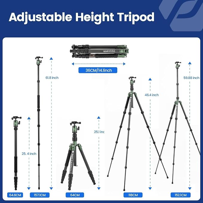 Fotopro 60" Carbon Fiber Camera Travel Tripod, 2lbs Super Lightweight Compact Tripod with 360° Metal Ball Head, Detachable Monopod, with Arca QR Plate & Bag, Load up to 8KG/17.63lbs, for SLR DSLR - Image 3