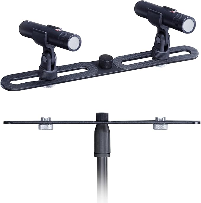 double mic holder Stereo bar Array Spacing Microphone Mount Holds 2 Mics XY and ortf Mic T-Bar Bracket, Fits 3/8" and 5/8" dual Mic Stands with Included Adapter - Image 2