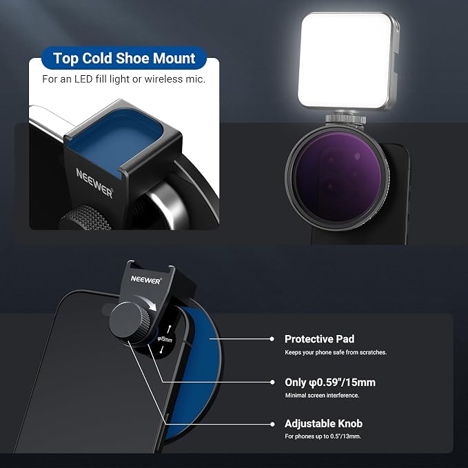 NEEWER 67mm Variable ND Filter & Threaded Phone Clip Set, Adjustable ND2-32 HD Neutral Density Mobile Photography Accessories, Compatible with iPhone 17 Pro Max Samsung S26 Ultra - Image 5