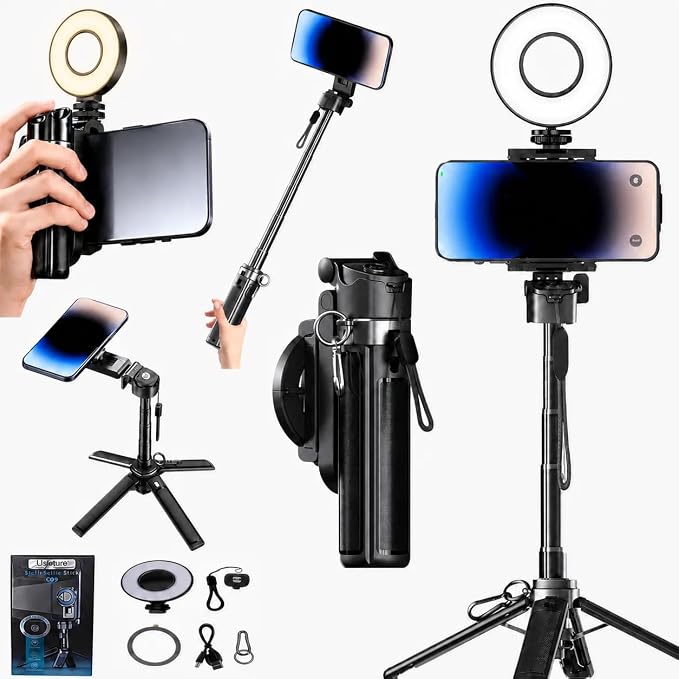 6-in-1 Magnetic Mini 20.5'' Selfie Stick for iPhone with LED Light. Can Converts into Mini Tripod/Phone Camera Grip/Handheld Stabilizer/Phone Stand. Selfie Stick with Rechargable Remote by Usfoture