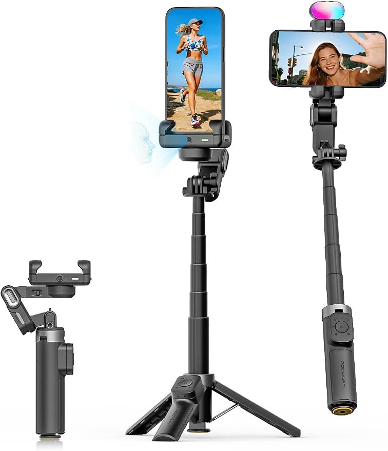 AOCHUAN AI Tracking Gimbal Stabilizer for iPhone w/Wirless Remote-M3Promini | 360° Rotation for iPhone/Andriod Sefie Stick, One-Touch Open Tripod, RGB Fill Light, 4 in 1 Phone Gimbal for Vlogging, Travl by AOCHUAN