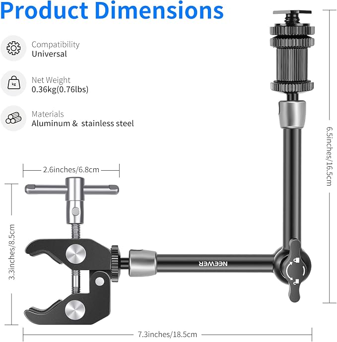 NEEWER 5.9"/15cm Adjustable Friction Magic Arm with 1/4" Screw on Both Ends, Compatible with SmallRig Cage, Flash/LED Light/Microphone/Monitor/SuperClip, Max Load 4.4lb/2kg, ST15 - Image 8