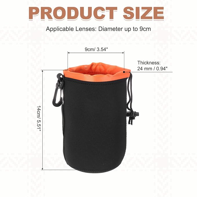 PATIKIL Camera Lens Pouch, 4" ID x 6" H Drawstring Plush Lens Pouch Protective Camera Lens Case Bag Soft Plush Neoprene Bag for DSLR Photography Gear, Black/Orange - Image 2