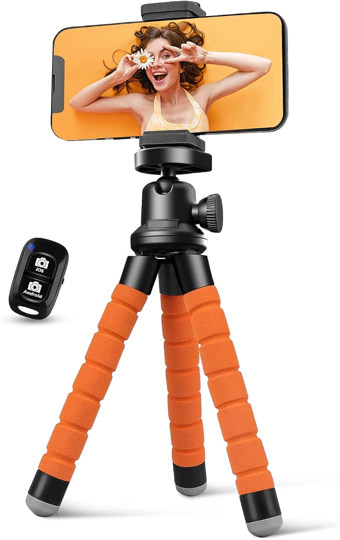 Aureday Phone Tripod, Flexible Tripod for iPhone and Android, Portable with Wireless Remote and Clip for Video Recording/Vlogging/Selfie (Orange) by Aureday