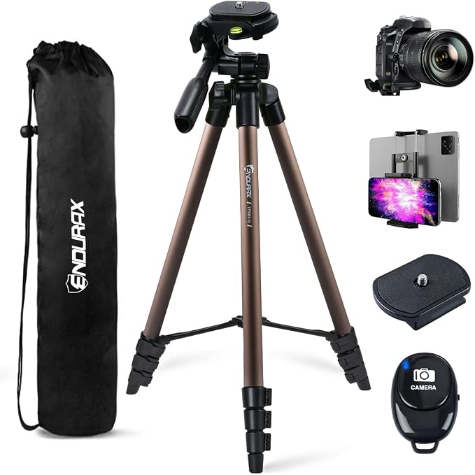 Endurax 60'' Tripod for Camera Canon Nikon DSLR, Camera Phone Tripod with Universal Holder, Carry Bag, Max. Load 6.6 lbs | 360° Pan Head, Universal Phone Holder & Carry Bag; Lightweight Aluminum for Easy Travel by EnduraxPhoto