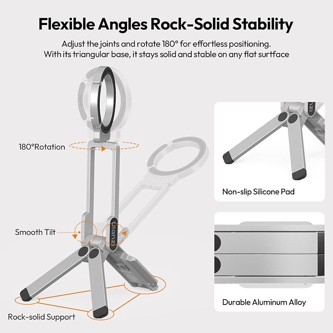 ULANZI MA38 Magnetic Phone Tripod for iPhone, Portable Phone Holder Silver | Portable Phone Tripod for Magsafe w Foldable Hook Double-Sided 1/4'' Screw for Travel Vlog Selfie iPhone 17/16/15/14/13 - Image 6