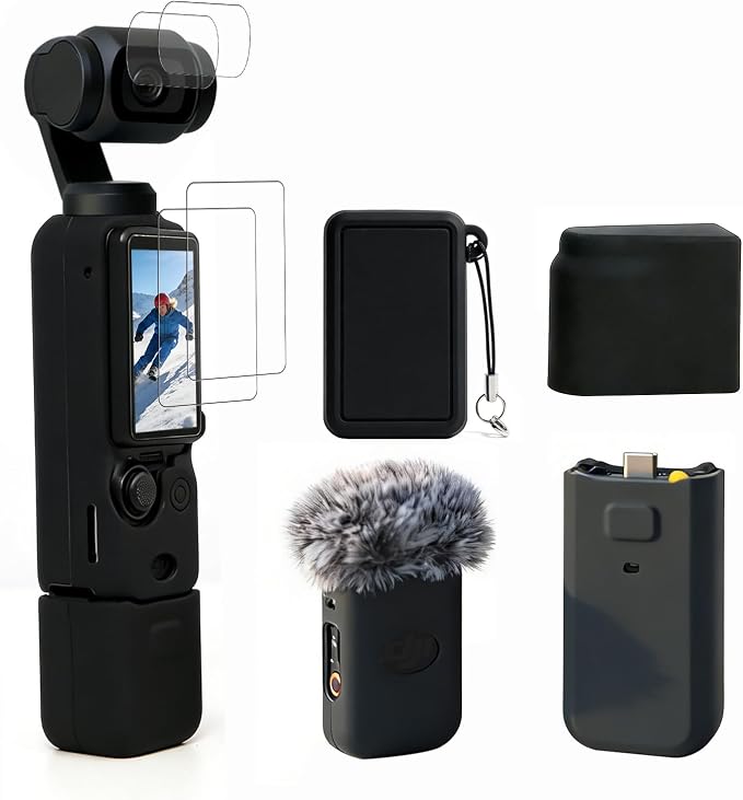 Case for DJI Osmo Pocket 3/Xtra Muse Camera, Soft Silicone Protective Case, Slim Fit Skin with mic Cover and Screen Protector Accessories for Osmo Pocket 3/Xtra Muse,Anti-Scratch (Black) by Frevyve