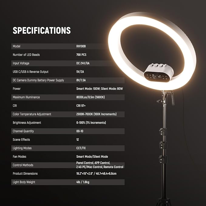 NEEWER 19" 100W High Power LED Ring Light with Tripod Stand & 3 Phone Holders Compatible with iPhone, 2900-7000K CRI97+ App&2.4G Control Lighting for Selfie Video Recording Makeup Streaming, RH100B | 100W 19-inch LED ring light with 2900K-7000K CCT and... - Image 8