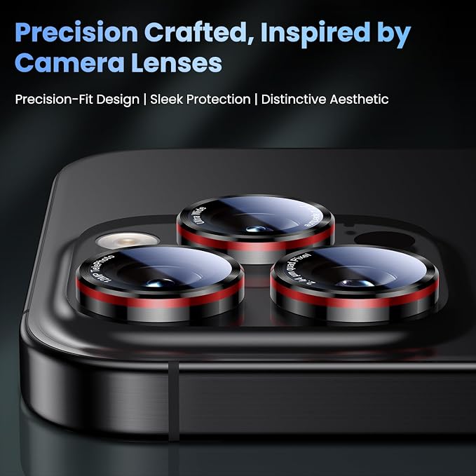 Uyiton for iPhone 17/16/15/14 (Pro Max & Pro) Camera Lens Protector | Unique Lines Text Design, Case-Friendly, Military-Grade Sapphire Glass Metal Camera Cover, Easy to Install, Black+Red - Image 3