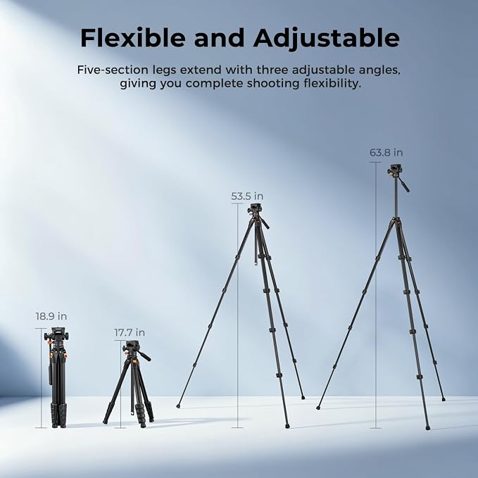 K&F CONCEPT 63" Camera Tripod with Fluid Head | Aluminum Travel Tripod, Smooth Pan/Tilt for DSLR/Mirrorless/Camcorder, Max Load 6.6lb, A305A1+FH-04 - Image 4