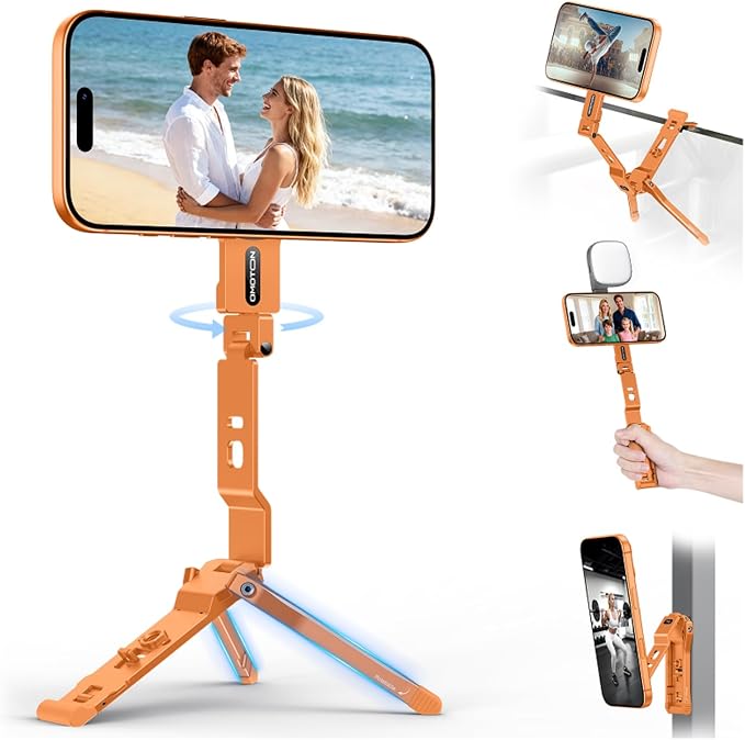 OMOTON TP03 [Ultra-Slim] 360° Rotating for MagSafe Tripod with Hook, Orange | Magnetic Phone Tripod for iPhone 17/16 Pro Max Air, Fold Cell Phone Stand with 1/4" Screw, Fits Vlog, Travel, Gym, Women Men by OMOTON