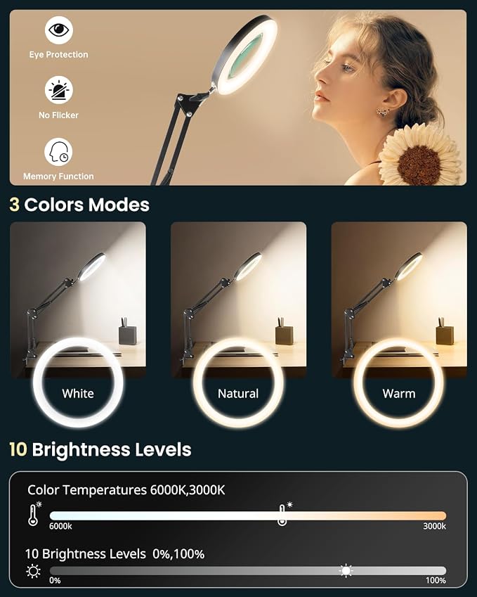 UBeesize 10X Magnifying Glass with Ring Light and Clamp for Desk | 10X Magnification | 3 Color Modes | Dimmable Brightness | Suitable for reading, crafts, sewing, and repair - Image 4