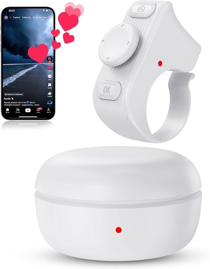 [New Upgrade, Easy to Use] TikTok Scrolling Ring Remote Control, Camera Shutter Remote, Wireless Bluetooth Scrolling Ring for iPhone, iPad, iOS, Android - Light White by duskeep