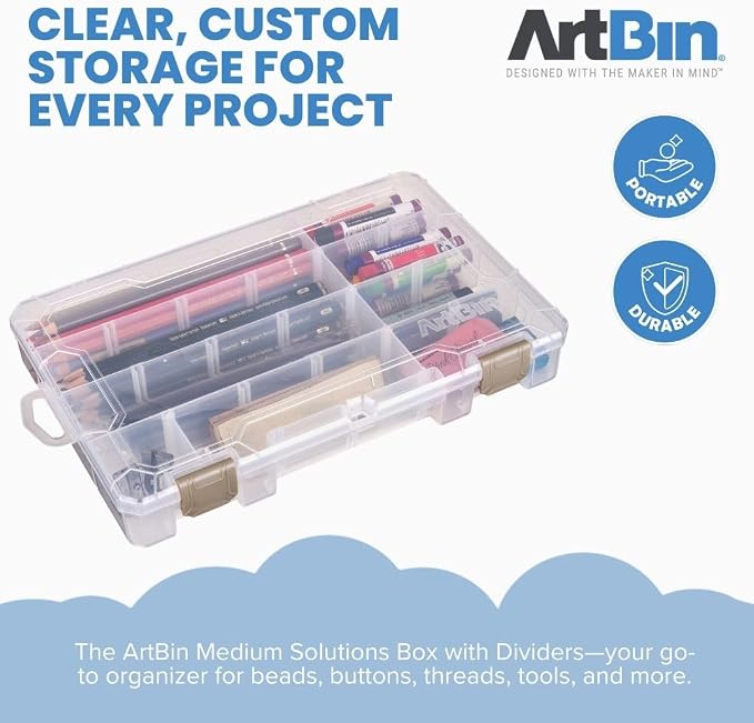 ArtBin Medium Solutions Box Craft Organizer with 12 Dividers, Clear | 12 Removable Dividers, 10.75 x 7.375 x 1.75 Inches, Secure Latches, Stackable, Clear Plastic - Image 2