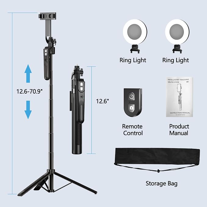 70.9" Auto Face Tracking Selfie Stick Tripod for iPhone with Light, No App, 360° Rotation Tripod that Follows Your Movement with Remote Control for Vlog/Live Stream/Video Recording - Image 6