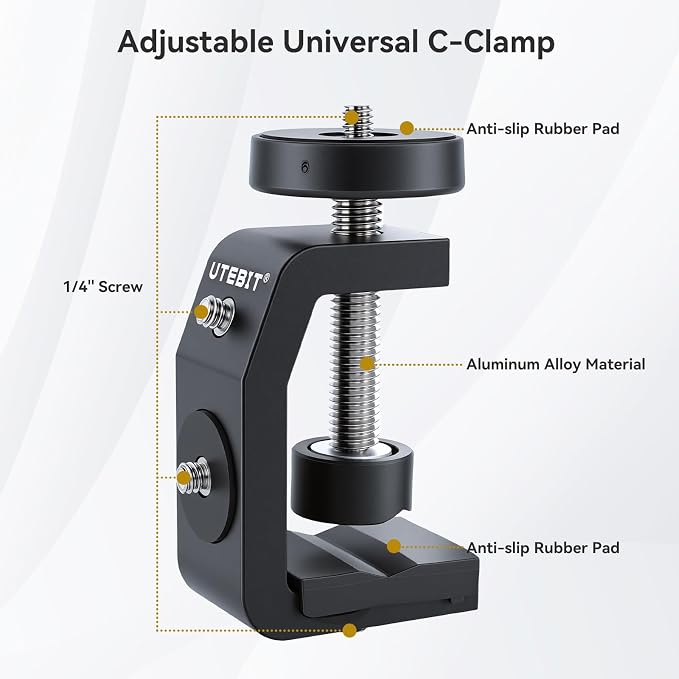 UTEBIT 40mm C-Clamp Camera Mount with Mini Ball Head, Black | 1/4 Thread Hole Metal Clamp with 360° Swivel Ballhead Camera Mount 1/4 Hot Shoe Adapter for Camera Desk Bicycle Woodworking - Image 3