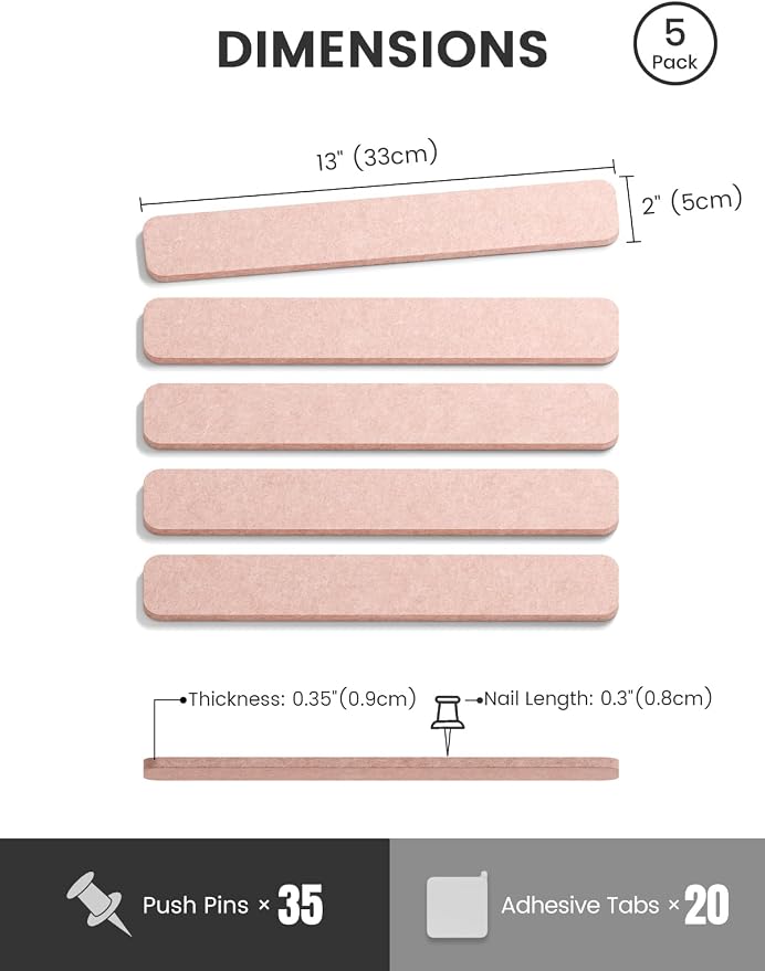 Fluxynara 13" x 2" Felt Wall Panels, Pink | 5-Pack Includes 35 Push Pins and Adhesive Tabs for Photos, Notes and Decor in Bedroom Doors, Home Office or Studios - Image 2