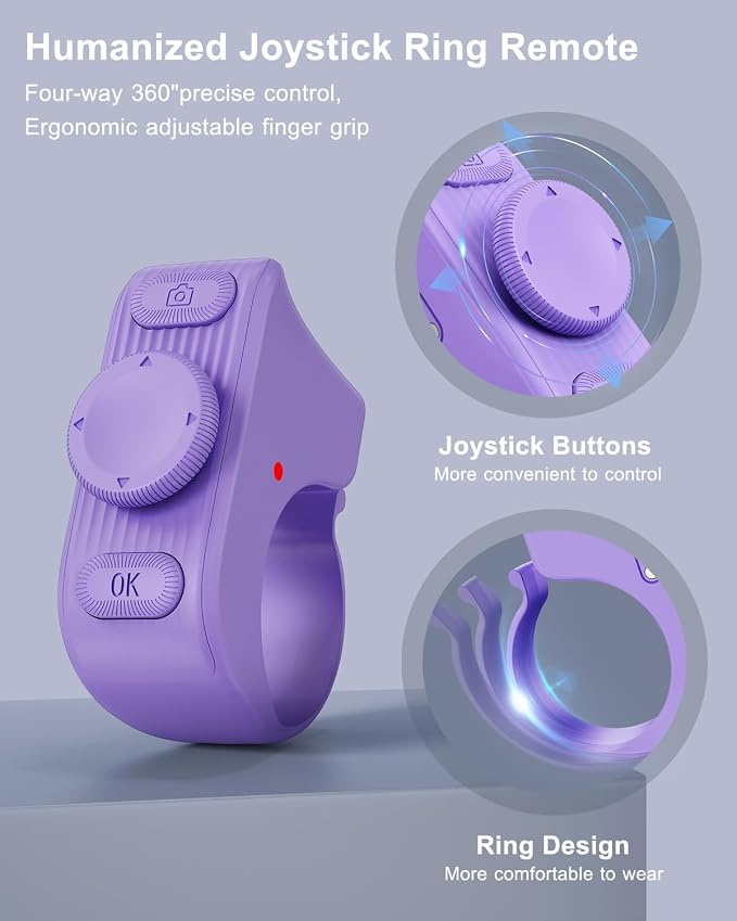 [New Upgrade, Easy to Use] TikTok Scrolling Ring Remote Control, Camera Shutter Remote, Wireless Bluetooth Scrolling Ring for iPhone, iPad, iOS, Android - Light Purple - Image 4