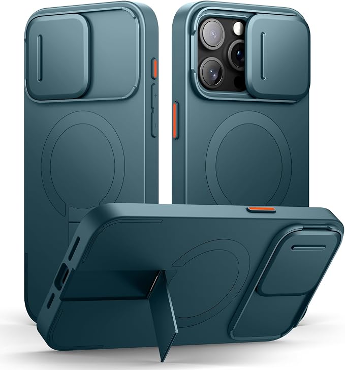 SURITCH for iPhone 15 Pro Max Case with Magnetic Camera Slide Cover and Adjustable Kickstand, Compatible with MagSafe, Shockproof Bumper Case Slim Protective Cover 6.7 Inch, Lake Green by SURITCH