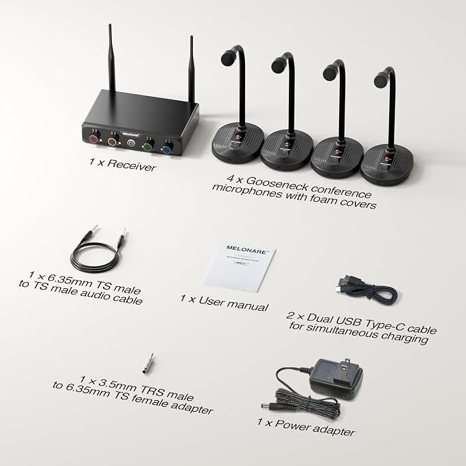 MELONARE 4-Channel Wireless Conference Microphone System MWM-41-4G | 4 gooseneck mics, 4 x 10 frequencies, 200 ft range, UHF cordless setup for lecture, church, conference and public speaking - Image 8