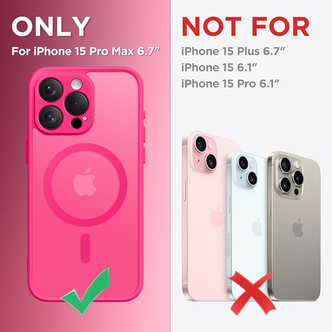 CAPRARO for iPhone 15 Pro Max Case, Compatible with MagSafe Hot Pink | Upgraded [Full Camera Protection] Shockproof Protective Slim Translucent Matte Magnetic Phone Case 6.7'', Hot Pink - Image 2