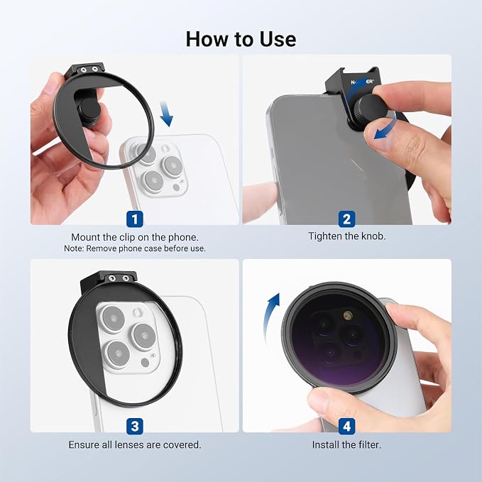 NEEWER 67mm Variable ND Filter & Threaded Phone Clip Set, Adjustable ND2-32 HD Neutral Density Mobile Photography Accessories, Compatible with iPhone 17 Pro Max Samsung S26 Ultra - Image 6