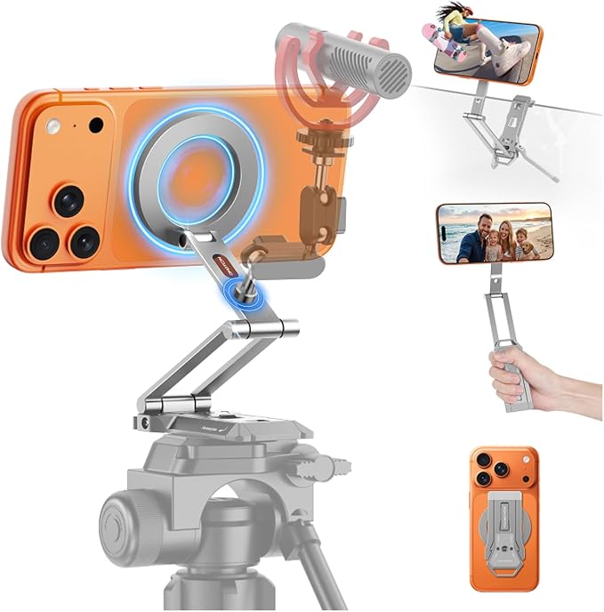 OMOTON TP06-E [3-Adjust] Sturdy Magnetic Phone Tripod for iPhone 17, Sliver | Aluminium Phone Stand for MagSafe with Hook 1/4" Screw& Arca, Travel Essentials Gift for Vlog, Creators, Live by OMOTON