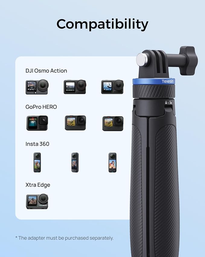 TELESIN 0.1s Auto Open Mini Selfie Stick Tripod for All Action Camera | 65cm/25.5in Tripod for DJI Osmo Action 6 5 Pro 4 3 Nano Pocket 4 3 GoPro HERO 13 12 Black Insta360 Luna Ultra X5 X4 Xtra Edge - Image 6