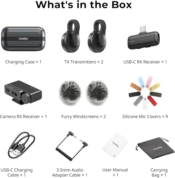 SMALLRIG Wireless Microphone S70 Mic Cover Kit (2 TX + 2 RX + Charging Case + 9 Mic Covers), Mini Lavalier Mic for Vlogging/Interview/Streaming, Includes 9 Color Silicone Covers - Image 9