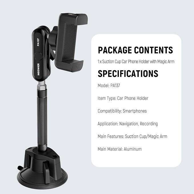 NEEWER Phone Holder for Your Car, 360° Rotating Vacuum Suction Cup Metal Cell Phone Mount Extended Magic Arm Compatible with iPhone Samsung for Windshield Skylight Navigation Video Recording, PA137 - Image 8
