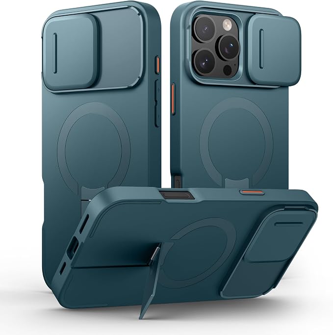SURITCH for iPhone 16 Pro Max Case with Magnetic Camera Slide Cover and Adjustable Kickstand, Compatible with MagSafe, Shockproof Bumper Case Slim Protective Cover 6.9 Inch, Lake Green by SURITCH