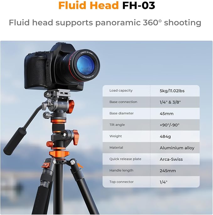 K&F CONCEPT 90''/230cm Horizontal Fluid Head Camera Tripod | Heavy Duty Overhead Shooting Video Tripods, Center Colmun, Detachable Monopod, for Indoor and Outdoor Use T254A7+FH-03 - Image 3