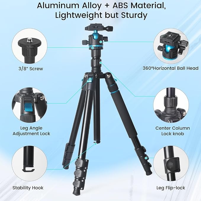 Camera Tripod, 68" / 174cm Lightweight Travel Monopod with 360°Ball Head Payload 15 lbs, Adjustable Height from 17" to 68" Professional Stand for DSLR Camera Shooting - Image 2