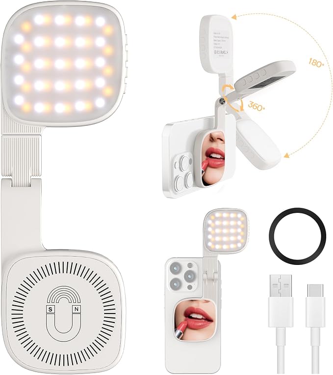 Magnetic Selfie Light, 3 Color Modes, 1000mAh Foldable & Rotatable Fill Light, Compatible with iPhone 11-17 Series, Samsung, MagSafe, White by Unknown