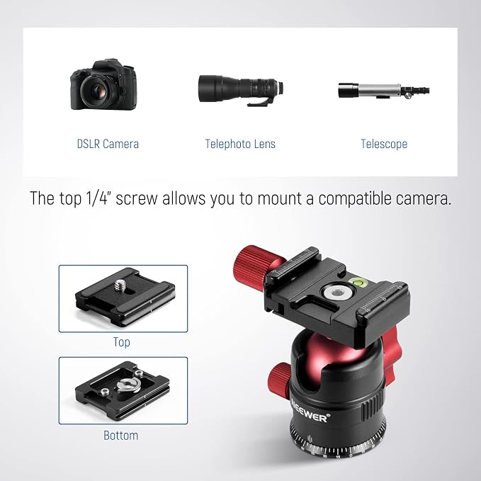 NEEWER Tripod Head, 360° Rotating Panoramic Ball Head with 1/4” Quick Shoe Plate for Tripod Monopod Slider DSLR Camera Camcorder, Max Load up to 5kg/11lb – GM28 - Image 4
