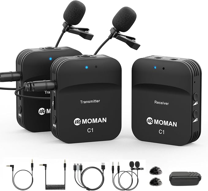 Moman C1X Wireless Lavalier Microphone, 2.4GHz Dual Channel Lapel Mic System with Noise Cancellation 230FT Range for Online Class Vlog Live Stream YouTube DSLR Camera Smartphone Tablet by Moman
