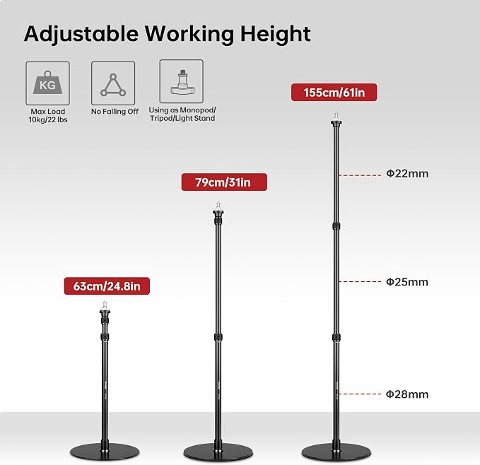 YP-300 Light Stand, 61” Monopod for Camera, LED Light, Heavy Duty Aluminum Alloy 28mm Tubes Metal Round Base with 1/4” Screw, 3/8” Screw & Light Mount Adapter Studio Stage - Image 5