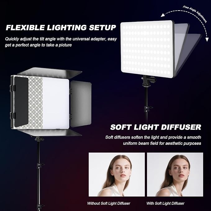 2Pack RGB LED Video Light Kit 12.6in with Barn Door RGB Photography Light | 20W/2500~8500K/14 Effect/2000lux@0.5m LED Panel Light Kit with Light Stand for Gaming Streaming Zoom YouTube Photography - Image 6