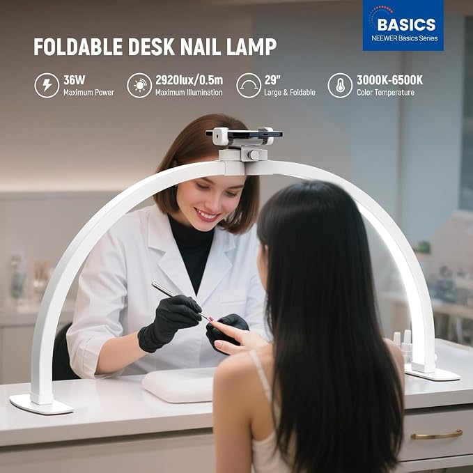 NEEWER Basics 29" Half Moon Nail Light for Desk, 36W Foldable Nail Tech Table Arc Lamp, LED Manicure Half Ring Light with Phone Holder for Makeup Beauty Tattoo Overhead Video Recording, HM02-D - Image 3
