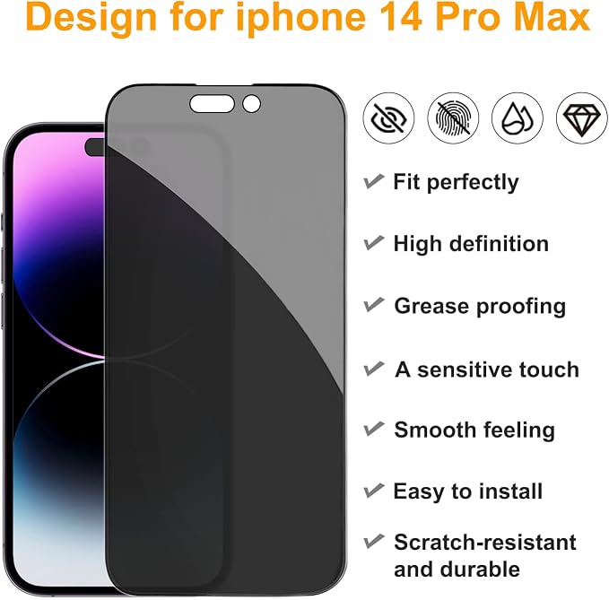 PEHAEL for iPhone 14 Pro Max Privacy Screen Protector+Camera Lens Protector | Installation kits, Anti-Spy Private, Anti-Scratch, 9H Tempered Glass, Case Friendly, 2+2 Pack, [6.7 inch] - Image 2