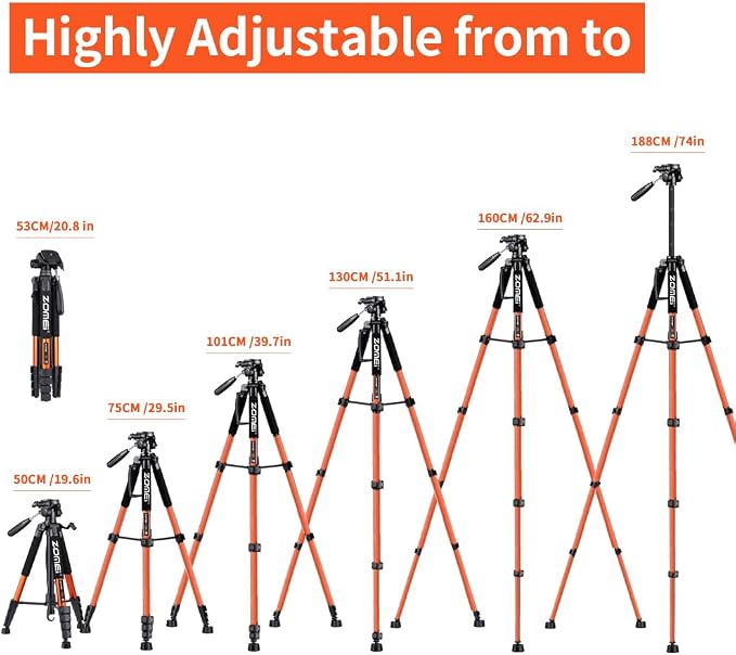 Tripod Camera Tripods, 74" Heavy Duty Tall Camera Stand Tripod with Phone Holder, Compatible with DSLR Cameras,Cell Phones,Projector,Webcam,Spotting Scopes(Orange) - Image 4