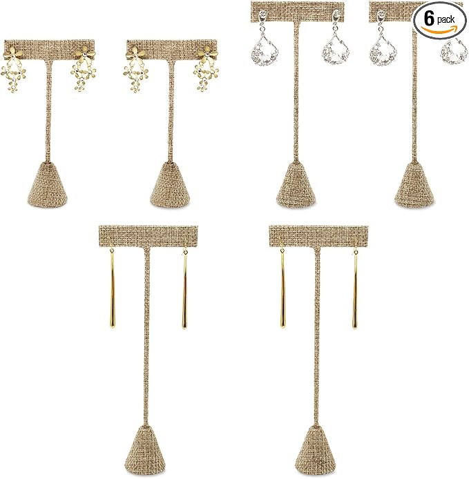 Ikee Design 6Pcs Set Earring Stand Display 3 sizes Ht., Natural Linen | MULTI-HEIGHT EARRING DISPLAY: Linen with a stable metal base for various earring sizes; 2.5"W x 5.5"H. by IkeeDesign