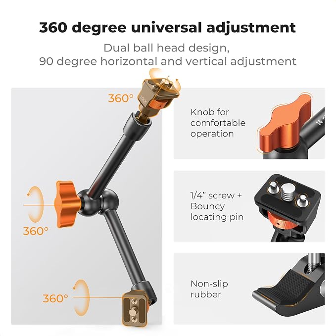 K&F CONCEPT 11" Magic Arm Clamp with Clamp ARRI 1/4" & 3/8" Thread Screw | 360° Ball Heads Arm with Clamp Mount for Monitor, LED Light, Webcam, Action Camera, MS33 - Image 3