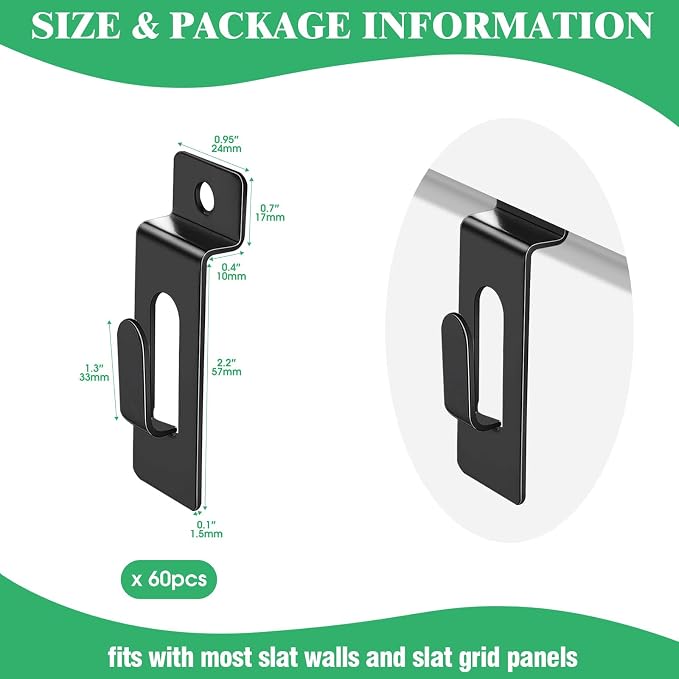 60Pcs Slatwall Utility Notch Hook Metal Slat Wall Display Hangers Picture Hook Slatwall Accessories for Photo Frame Painting Artworks Panel Pegboard Slat Grid Shelf Hanging Display (Black) - Image 2
