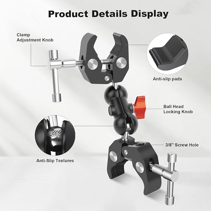 Double Super Clamp Camera Mount with Magic Arm, Aluminum Double Clamp Mount Umbrella Holder for Desk, Studio Light/Boom Stand, Photography Reflector, Cross Bars, Bike/Motor Handlebars (SY004) - Image 6