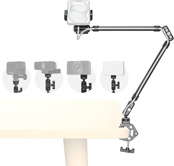 SMALLRIG 26" Magic Arm with Super Clamp, Overhead Phone Mount w/Cable Clip | Flexible Desk Camera Mount with 1/4" Screw and Cable Clip, Max Load 2.2lb, for iPhone/Action Camera/Video Light/Webcam/Mic by SmallRig